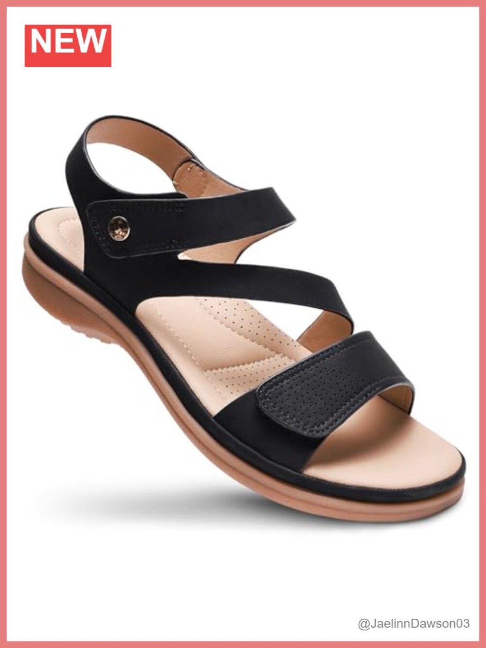 Arch Support Flat Sandals with Adjustable Hook & Loop, PU Leather, Comfort